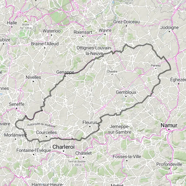 Map miniature of "Godarville Epic Road Cycling Route" cycling inspiration in Prov. Hainaut, Belgium. Generated by Tarmacs.app cycling route planner