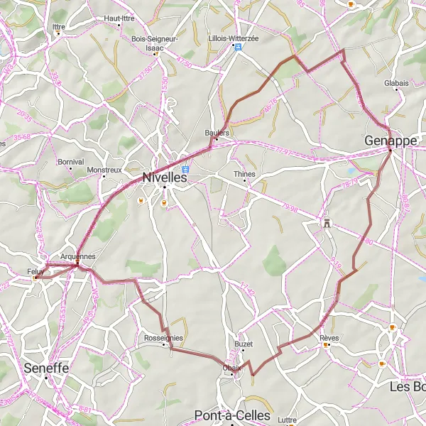 Map miniature of "Feluy to Genappe" cycling inspiration in Prov. Hainaut, Belgium. Generated by Tarmacs.app cycling route planner