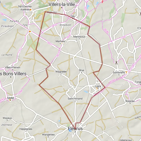 Miniature de la carte de l'inspiration cycliste "Boucle à vélo gravel près de Fleurus" dans la Prov. Hainaut, Belgium. Générée par le planificateur d'itinéraire cycliste Tarmacs.app