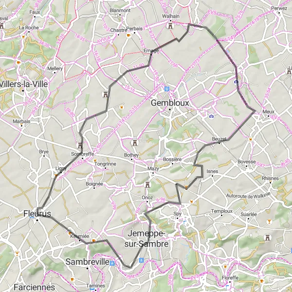 Karten-Miniaturansicht der Radinspiration "Rundtour entlang der Straßen von Fleurus" in Prov. Hainaut, Belgium. Erstellt vom Tarmacs.app-Routenplaner für Radtouren