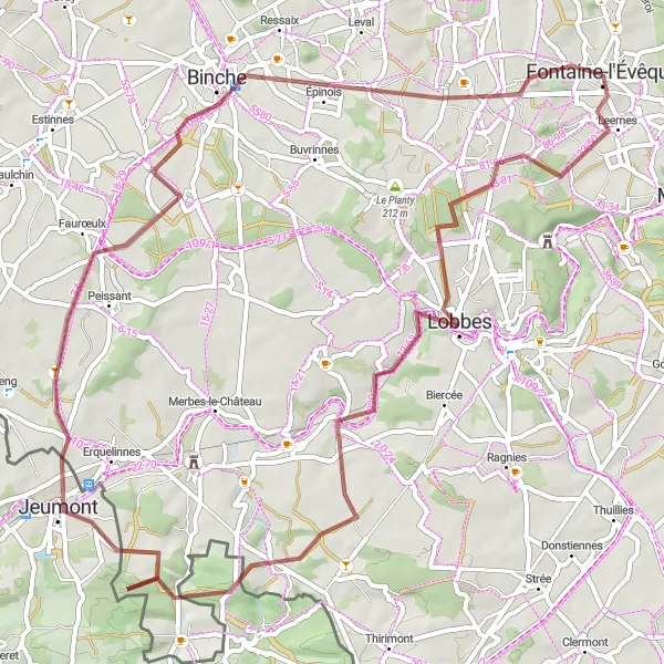 Miniatuurkaart van de fietsinspiratie "Gravelroute van Lobbes naar Goutroux" in Prov. Hainaut, Belgium. Gemaakt door de Tarmacs.app fietsrouteplanner