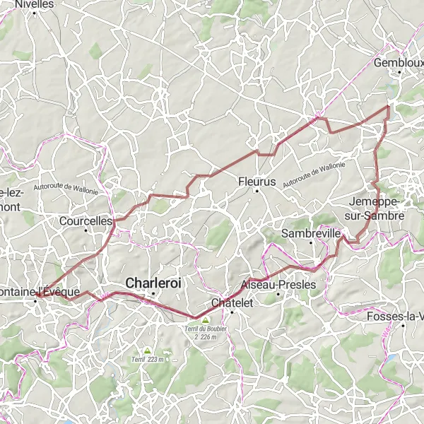 Karten-Miniaturansicht der Radinspiration "Gravel Tour um Fontaine-l'Évêque" in Prov. Hainaut, Belgium. Erstellt vom Tarmacs.app-Routenplaner für Radtouren