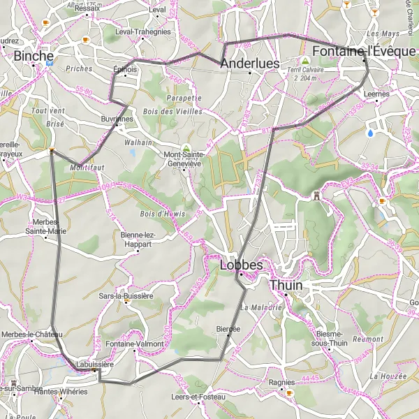 Miniature de la carte de l'inspiration cycliste "Boucle de Lobbes" dans la Prov. Hainaut, Belgium. Générée par le planificateur d'itinéraire cycliste Tarmacs.app