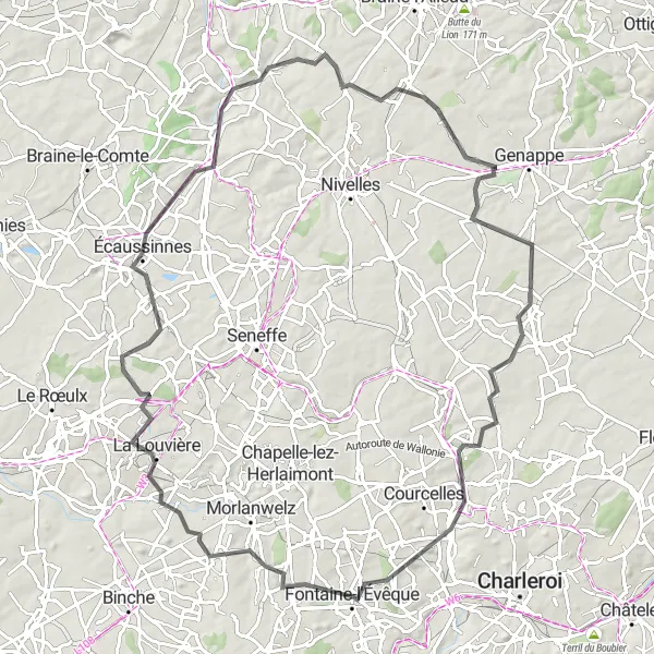 Miniature de la carte de l'inspiration cycliste "Vers les Charmants Villages du Hainaut" dans la Prov. Hainaut, Belgium. Générée par le planificateur d'itinéraire cycliste Tarmacs.app