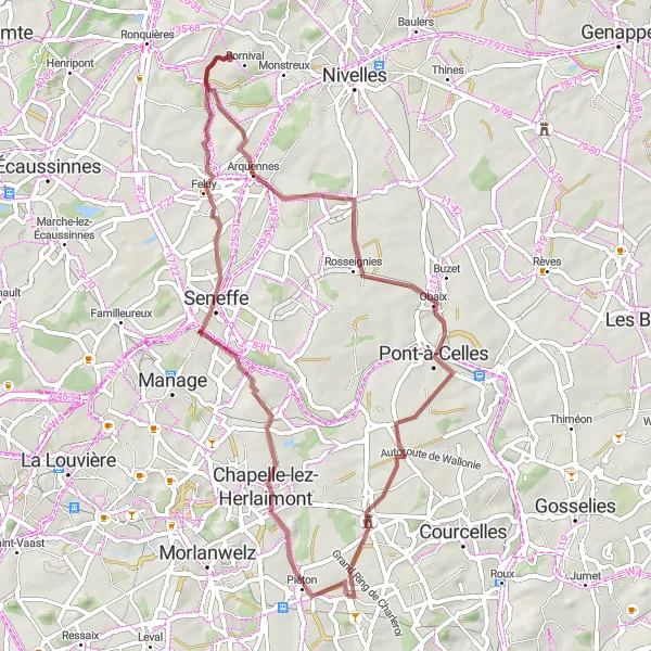 Miniatuurkaart van de fietsinspiratie "Gravelroute naar Trazegnies" in Prov. Hainaut, Belgium. Gemaakt door de Tarmacs.app fietsrouteplanner