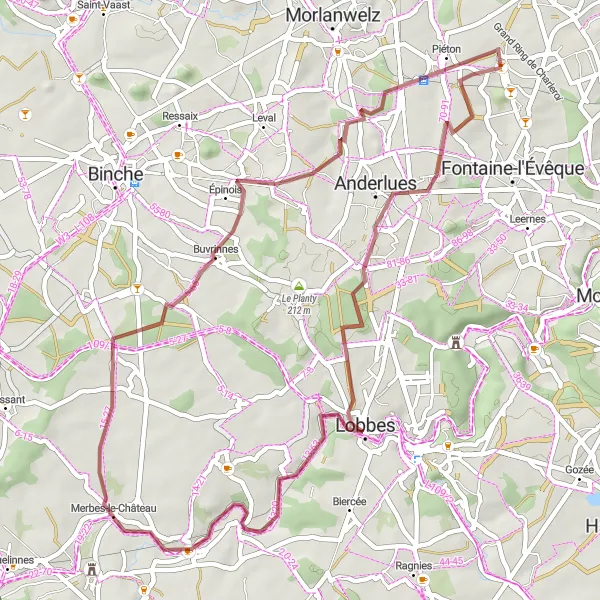 Map miniature of "Scenic Gravel Route to Terril Calvaire 2" cycling inspiration in Prov. Hainaut, Belgium. Generated by Tarmacs.app cycling route planner