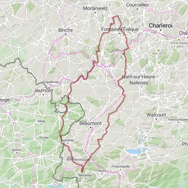 Map miniature of "Gravel Adventure: From Forchies-la-Marche to Aulne" cycling inspiration in Prov. Hainaut, Belgium. Generated by Tarmacs.app cycling route planner