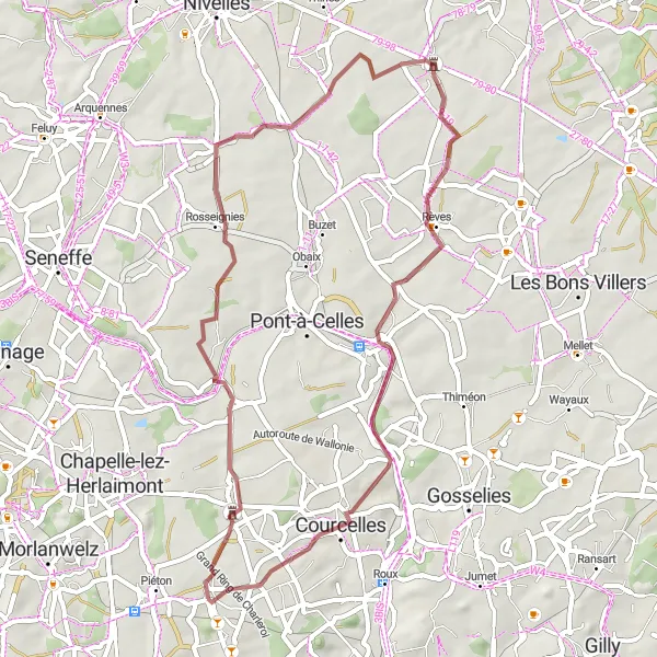 Karten-Miniaturansicht der Radinspiration "Gravelroute von Forchies-la-Marche nach Courcelles und zurück" in Prov. Hainaut, Belgium. Erstellt vom Tarmacs.app-Routenplaner für Radtouren