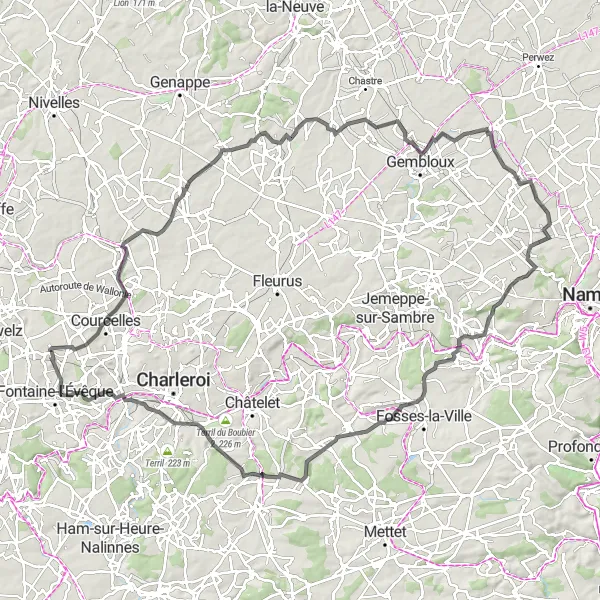 Map miniature of "Forchies-la-Marche Grand Road Tour" cycling inspiration in Prov. Hainaut, Belgium. Generated by Tarmacs.app cycling route planner