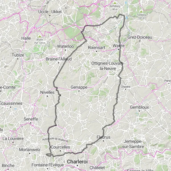 Miniatuurkaart van de fietsinspiratie "Wegrit van Forchies-la-Marche naar Sint-Agatha-Rode" in Prov. Hainaut, Belgium. Gemaakt door de Tarmacs.app fietsrouteplanner