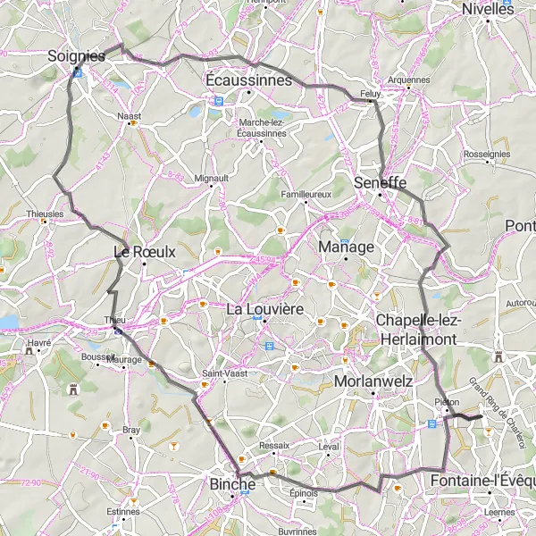 Miniatuurkaart van de fietsinspiratie "Wegrit van Forchies-la-Marche naar Godarville" in Prov. Hainaut, Belgium. Gemaakt door de Tarmacs.app fietsrouteplanner