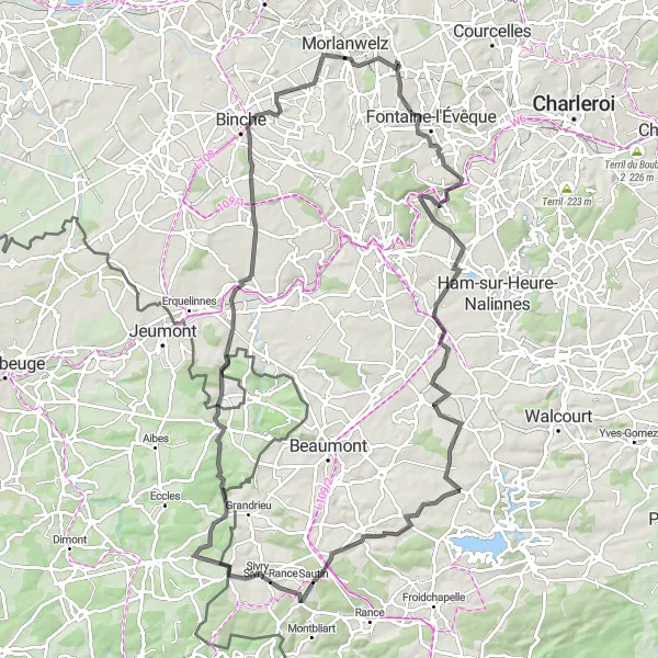 Map miniature of "Forchies-la-Marche to Aulne Round Trip" cycling inspiration in Prov. Hainaut, Belgium. Generated by Tarmacs.app cycling route planner