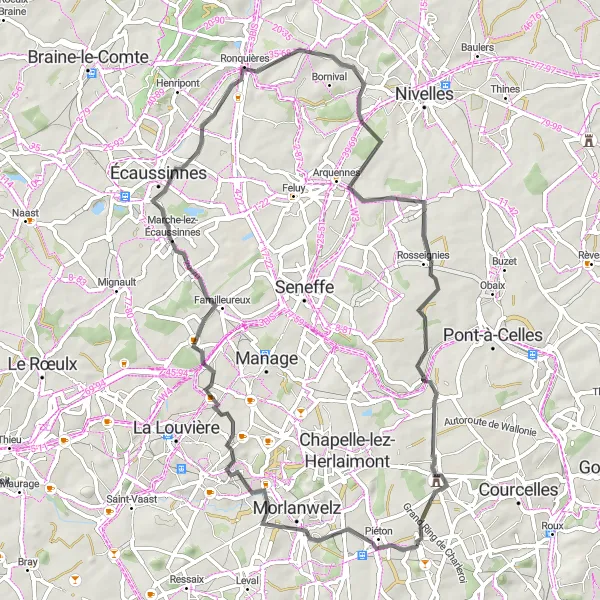 Karten-Miniaturansicht der Radinspiration "Straßenroute von Forchies-la-Marche nach Gouy-lez-Piéton und zurück" in Prov. Hainaut, Belgium. Erstellt vom Tarmacs.app-Routenplaner für Radtouren
