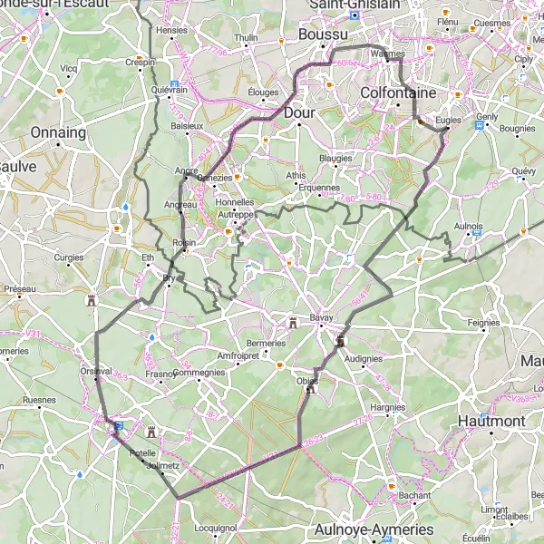 Map miniature of "Challenging Road Ride through Wasmes" cycling inspiration in Prov. Hainaut, Belgium. Generated by Tarmacs.app cycling route planner