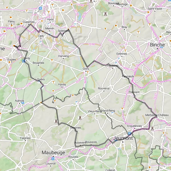 Map miniature of "The Héribus Traverse" cycling inspiration in Prov. Hainaut, Belgium. Generated by Tarmacs.app cycling route planner