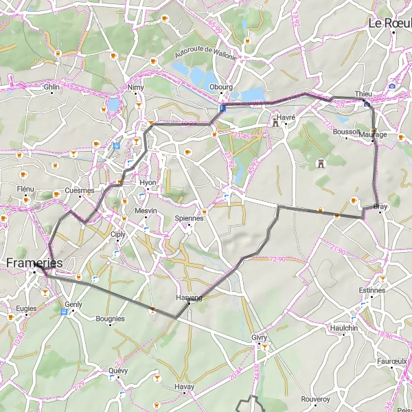 Miniatuurkaart van de fietsinspiratie "Roadtrip rond Frameries" in Prov. Hainaut, Belgium. Gemaakt door de Tarmacs.app fietsrouteplanner