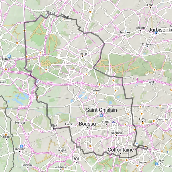 Map miniature of "The Explorers' Trail" cycling inspiration in Prov. Hainaut, Belgium. Generated by Tarmacs.app cycling route planner