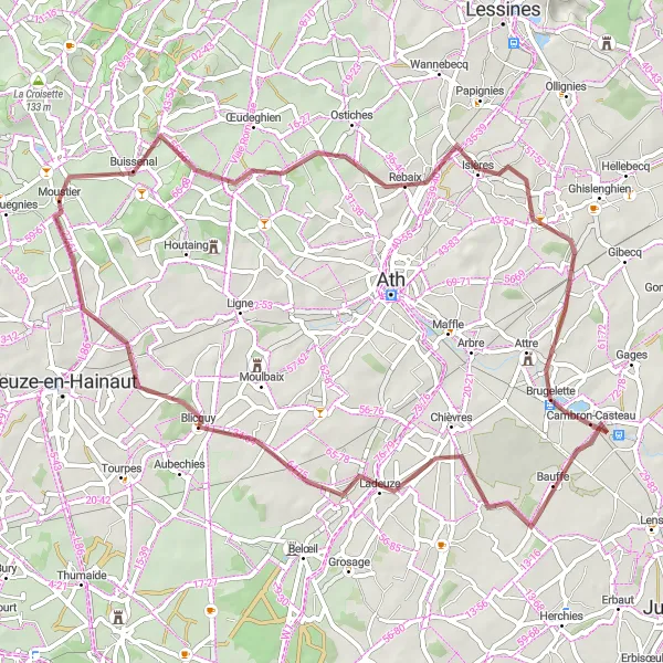 Map miniature of "Frasnes-lez-Buissenal Gravel Loop" cycling inspiration in Prov. Hainaut, Belgium. Generated by Tarmacs.app cycling route planner