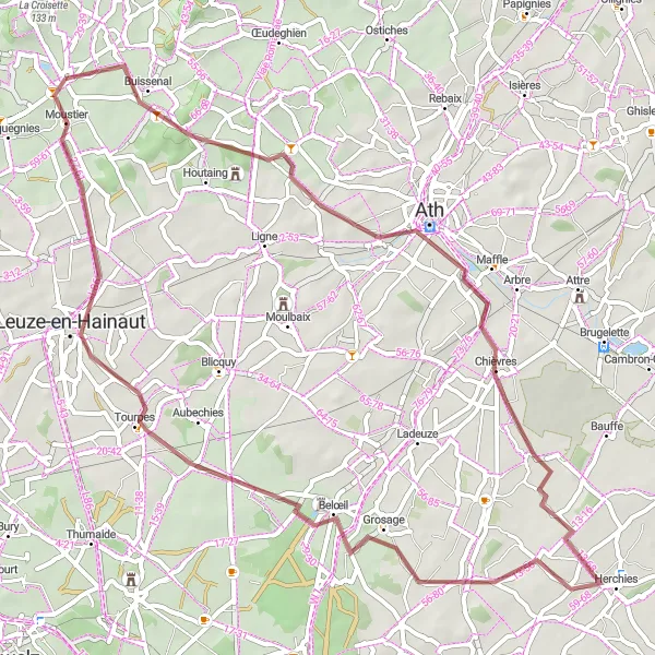 Map miniature of "Ath to Moustier Gravel Adventure" cycling inspiration in Prov. Hainaut, Belgium. Generated by Tarmacs.app cycling route planner