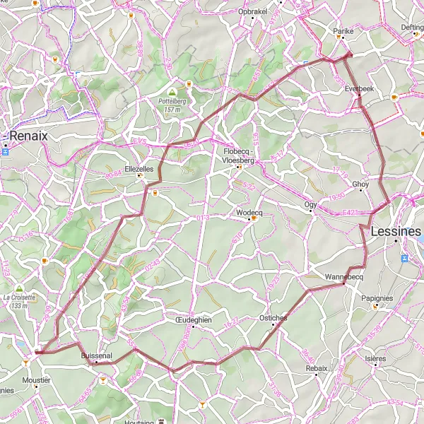 Karten-Miniaturansicht der Radinspiration "Graveltour von Frasnes-lez-Buissenal nach Wannebecq" in Prov. Hainaut, Belgium. Erstellt vom Tarmacs.app-Routenplaner für Radtouren
