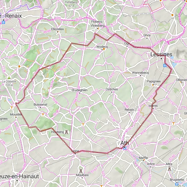 Miniatuurkaart van de fietsinspiratie "Gravel route naar Frasnes-lez-Buissenal via Lessines en Ath" in Prov. Hainaut, Belgium. Gemaakt door de Tarmacs.app fietsrouteplanner