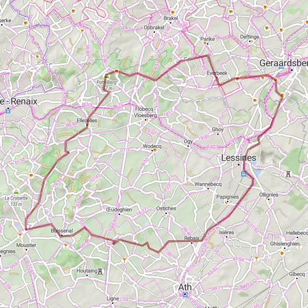 Miniatuurkaart van de fietsinspiratie "Gravel route naar Frasnes-lez-Buissenal via Ellezelles en Lessines" in Prov. Hainaut, Belgium. Gemaakt door de Tarmacs.app fietsrouteplanner