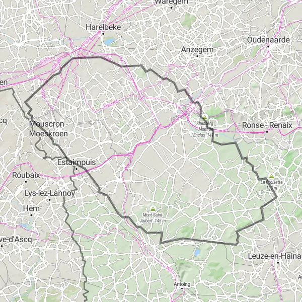 Miniatuurkaart van de fietsinspiratie "Epische tocht van Frasnes-lez-Buissenal naar Mont-de-l'Enclus" in Prov. Hainaut, Belgium. Gemaakt door de Tarmacs.app fietsrouteplanner