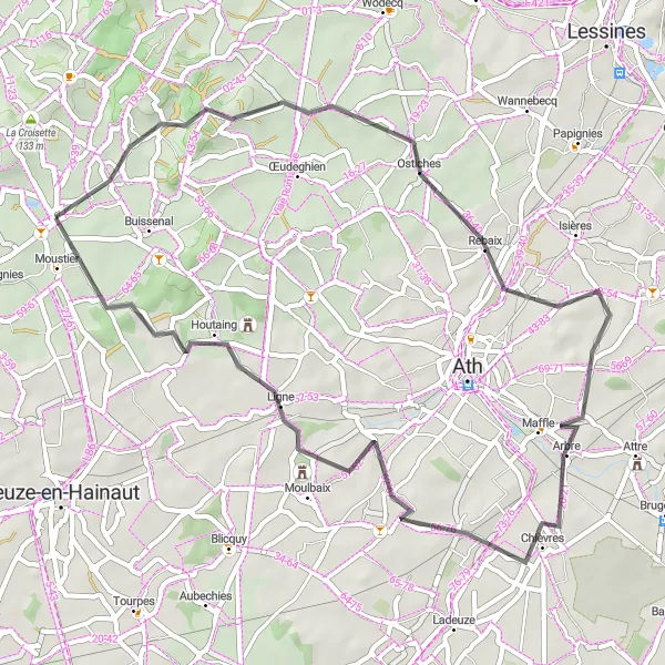 Map miniature of "Ostiches Loop from Frasnes-lez-Buissenal" cycling inspiration in Prov. Hainaut, Belgium. Generated by Tarmacs.app cycling route planner