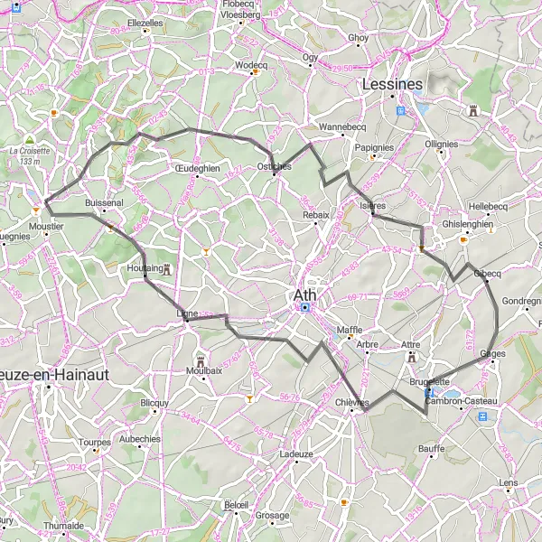 Miniature de la carte de l'inspiration cycliste "Circuit des Monts de la Hestre" dans la Prov. Hainaut, Belgium. Générée par le planificateur d'itinéraire cycliste Tarmacs.app