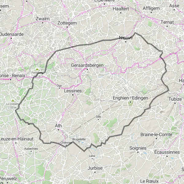 Miniature de la carte de l'inspiration cycliste "Tour des Collines Flamandes" dans la Prov. Hainaut, Belgium. Générée par le planificateur d'itinéraire cycliste Tarmacs.app