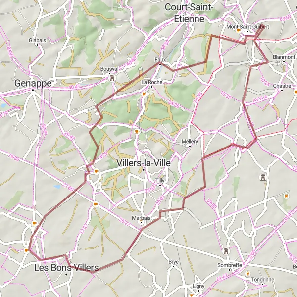 Miniature de la carte de l'inspiration cycliste "Parcours de Mont-Saint-Guibert" dans la Prov. Hainaut, Belgium. Générée par le planificateur d'itinéraire cycliste Tarmacs.app