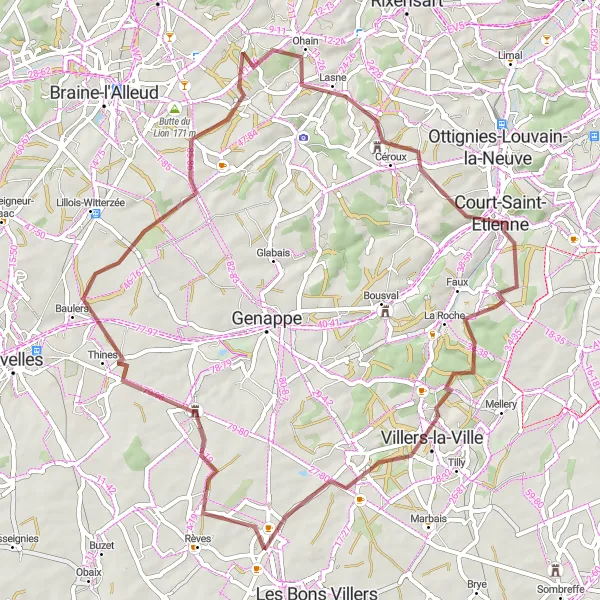 Miniatuurkaart van de fietsinspiratie "Panoramische rit naar Villers-la-Ville en Lasne" in Prov. Hainaut, Belgium. Gemaakt door de Tarmacs.app fietsrouteplanner
