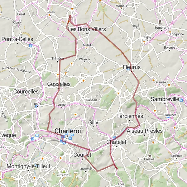 Map miniature of "Charleroi Adventure" cycling inspiration in Prov. Hainaut, Belgium. Generated by Tarmacs.app cycling route planner