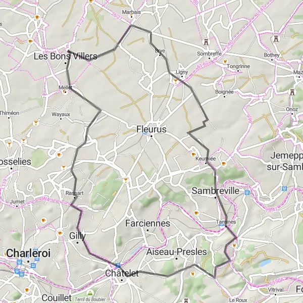 Miniatuurkaart van de fietsinspiratie "Historische route door Ligny, Sambreville en Châtelet" in Prov. Hainaut, Belgium. Gemaakt door de Tarmacs.app fietsrouteplanner