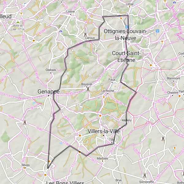 Karten-Miniaturansicht der Radinspiration "Radtour von Frasnes-lez-Gosselies nach Mellery" in Prov. Hainaut, Belgium. Erstellt vom Tarmacs.app-Routenplaner für Radtouren