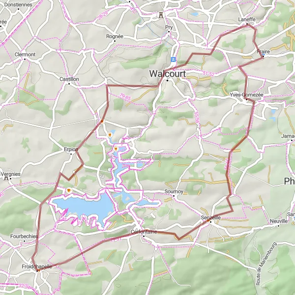 Miniatuurkaart van de fietsinspiratie "Gravelroute rond Froidchapelle" in Prov. Hainaut, Belgium. Gemaakt door de Tarmacs.app fietsrouteplanner