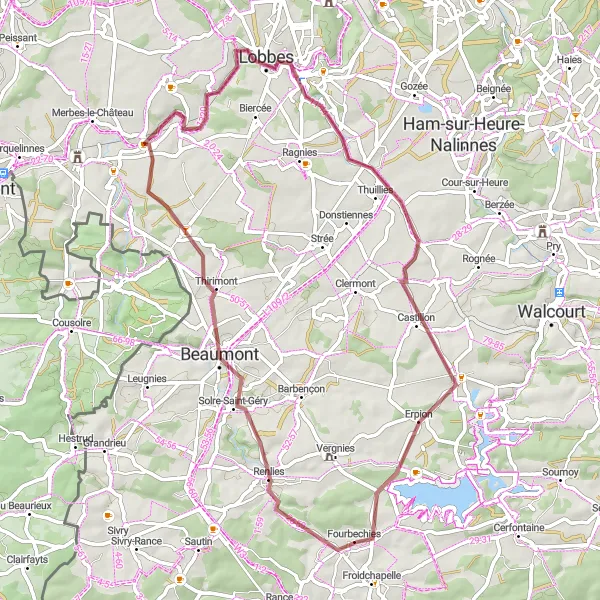 Map miniature of "Boussu-lez-Walcourt Gravel Adventure" cycling inspiration in Prov. Hainaut, Belgium. Generated by Tarmacs.app cycling route planner