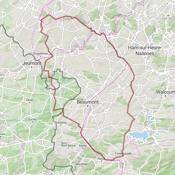 Map miniature of "Gravel Adventure through Natural Beauty near Froidchapelle" cycling inspiration in Prov. Hainaut, Belgium. Generated by Tarmacs.app cycling route planner