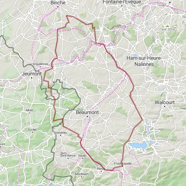 Miniatuurkaart van de fietsinspiratie "Avontuurlijke graveltocht rond Froidchapelle" in Prov. Hainaut, Belgium. Gemaakt door de Tarmacs.app fietsrouteplanner