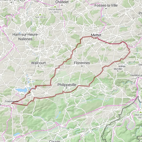 Karten-Miniaturansicht der Radinspiration "Herausfordernde Schottertour um Froidchapelle" in Prov. Hainaut, Belgium. Erstellt vom Tarmacs.app-Routenplaner für Radtouren