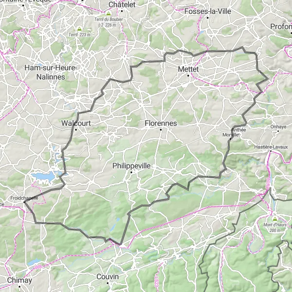 Map miniature of "Hilly Walcourt Loop" cycling inspiration in Prov. Hainaut, Belgium. Generated by Tarmacs.app cycling route planner