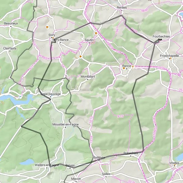 Miniatuurkaart van de fietsinspiratie "Rondje Robechies en Renlies" in Prov. Hainaut, Belgium. Gemaakt door de Tarmacs.app fietsrouteplanner