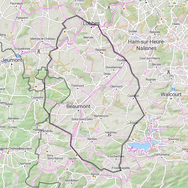 Miniatuurkaart van de fietsinspiratie "Korte wegrit rond Froidchapelle" in Prov. Hainaut, Belgium. Gemaakt door de Tarmacs.app fietsrouteplanner