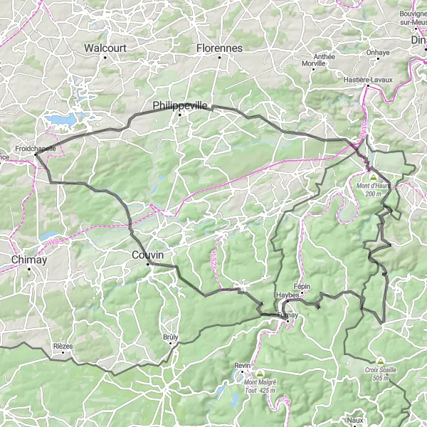 Map miniature of "The Sights of Froidchapelle" cycling inspiration in Prov. Hainaut, Belgium. Generated by Tarmacs.app cycling route planner