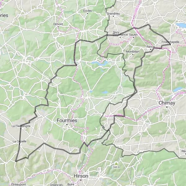 Map miniature of "Scenic Road Cycling Route near Froidchapelle" cycling inspiration in Prov. Hainaut, Belgium. Generated by Tarmacs.app cycling route planner