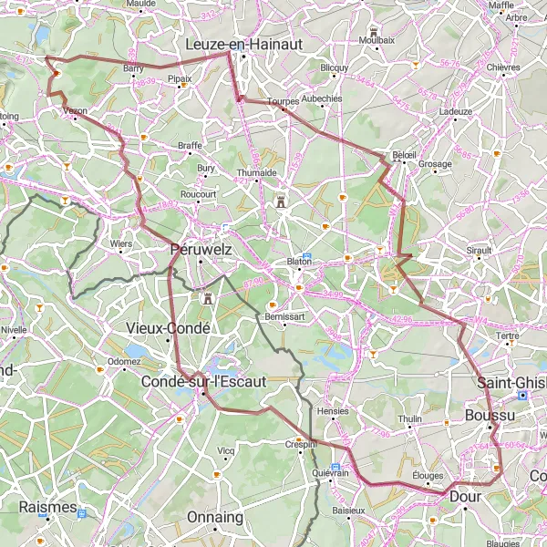 Miniature de la carte de l'inspiration cycliste "Aventure à vélo à travers la campagne de Gaurain-Ramecroix" dans la Prov. Hainaut, Belgium. Générée par le planificateur d'itinéraire cycliste Tarmacs.app