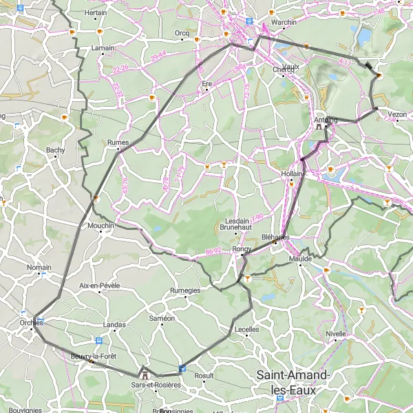 Miniature de la carte de l'inspiration cycliste "Entre Flandre et Hainaut" dans la Prov. Hainaut, Belgium. Générée par le planificateur d'itinéraire cycliste Tarmacs.app