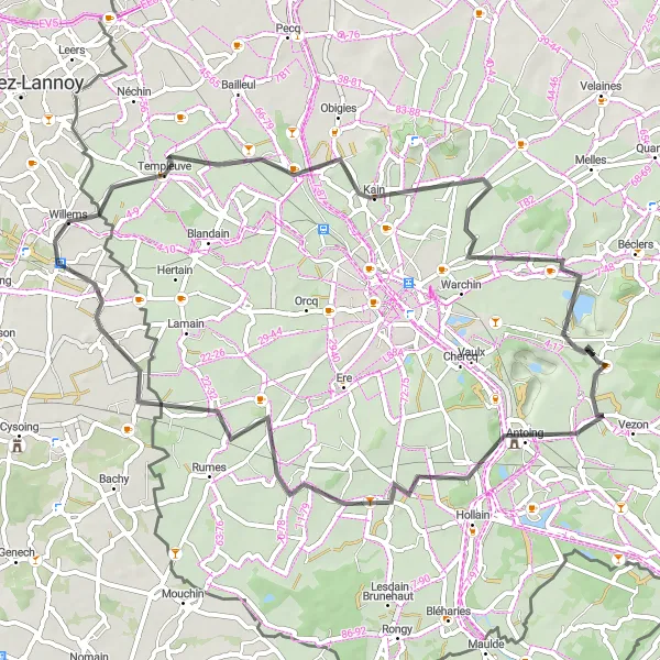 Miniature de la carte de l'inspiration cycliste "Randonnée entre les châteaux" dans la Prov. Hainaut, Belgium. Générée par le planificateur d'itinéraire cycliste Tarmacs.app