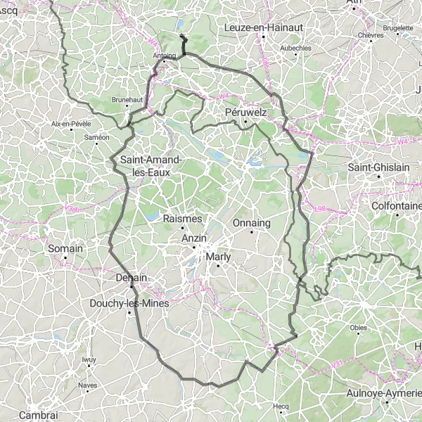 Map miniature of "Quiévrain to Lecelles Road Cycling Route" cycling inspiration in Prov. Hainaut, Belgium. Generated by Tarmacs.app cycling route planner