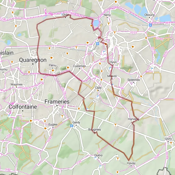 Map miniature of "Discover the Charm of Hainaut on Gravel" cycling inspiration in Prov. Hainaut, Belgium. Generated by Tarmacs.app cycling route planner